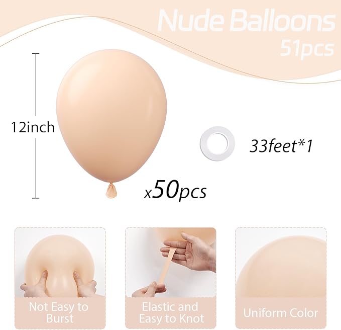 Nude Balloons 12 inch, Beige Latex Balloons 50pcs Party Balloons for Netural Baby Shower Gender Reveal Birthday Party Decorations