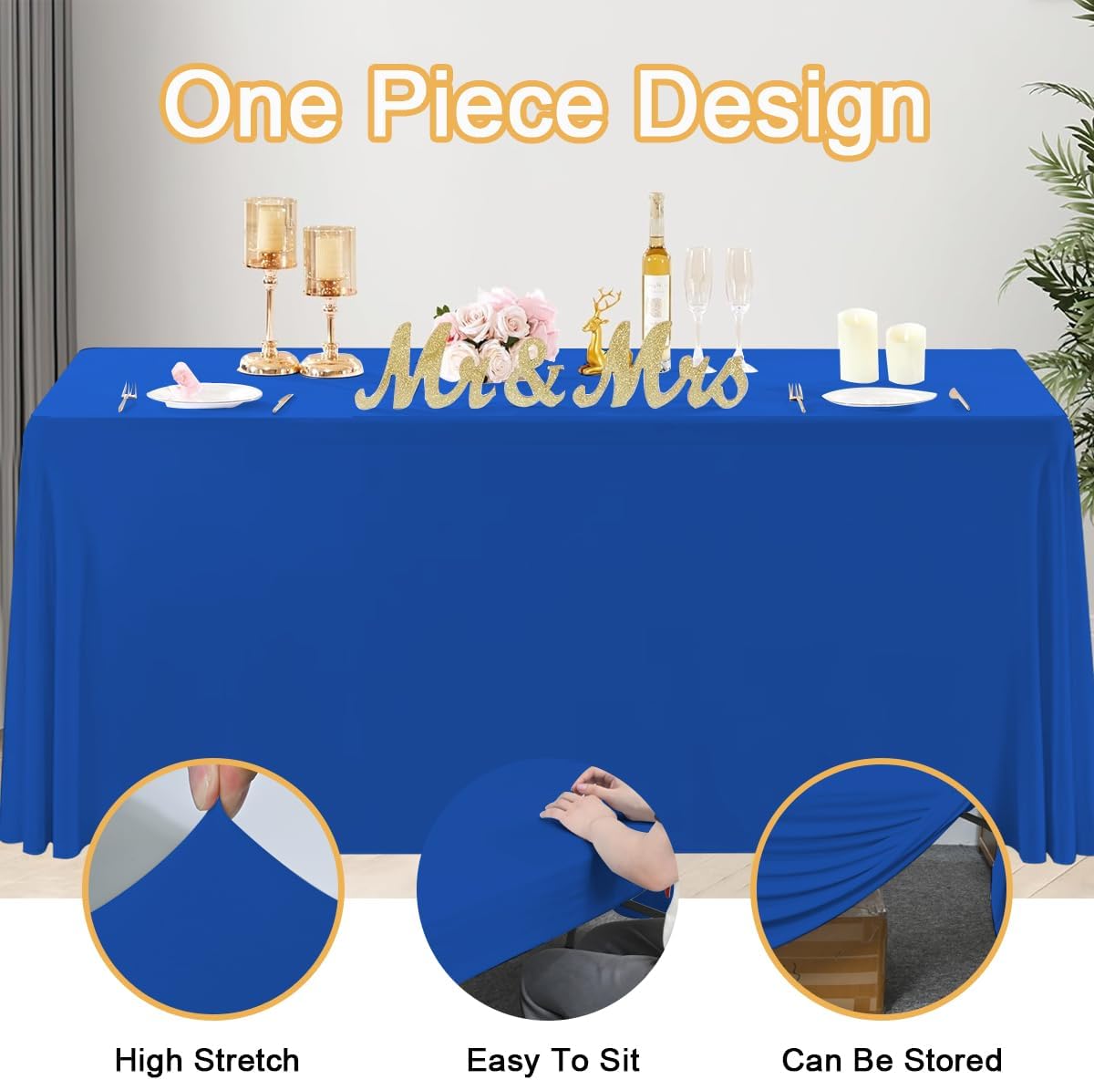 HAORUI Open Back Table Skirts, 4Pack Rectangle Wrinkle Resistant Table Clothes, Ruffles Elastic Table Cover for Banquets, Weddings, Parties (6ft Royal Blue)