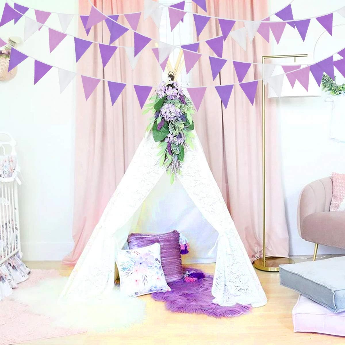 10M/32Ft Purple and White Pennant Banner Fabric Triangle Flag Cotton Cloth Bunting Garland Kit for Wedding Birthday Lavender Party Home Nursery Outdoor Garden Hanging Festivals Decoration (36Pcs)