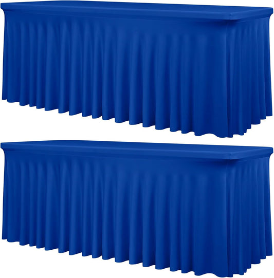 2 Packs Royal Blue Stretch Table Skirts for 6 Foot Rectangle Table, Washable Spandex Stretch Tablecloths with Skirt, Wrinkle Resistant Fitted Tablecover for Wedding Party Banquet