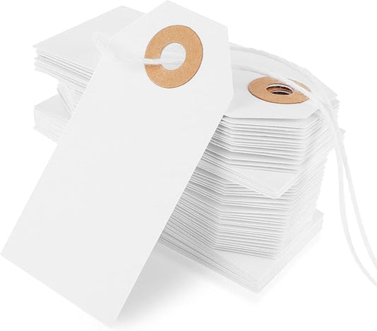 Nogeqi 100 Pcs White Price Tags With String Attached - Large Paper Tags for Pricing, Labeling Gift, Clothing, Inventory - Reinforced Hole