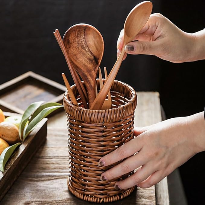 Cabilock Woven Cutlery Holder Utensil Organizer Basket for Kitchen Countertop Tabletop Storage 6.14X4.09X4.09 Inch Lightweight Portable Chopstick Tube for Dining Buffet Party