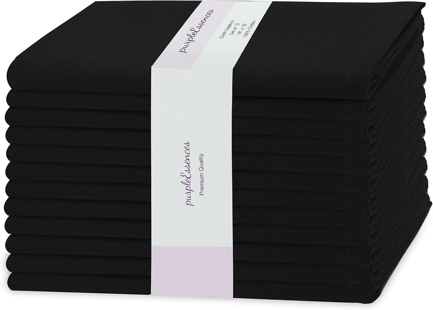 PurpleEssences Set of 12 Cloth Dinner Napkins 100% Cotton 18x18 Inch - Soft Durable Washable - Ideal for Farmhouse Party Fall Thanksgiving Halloween - Perfect Everyday Use Table Linen - Black