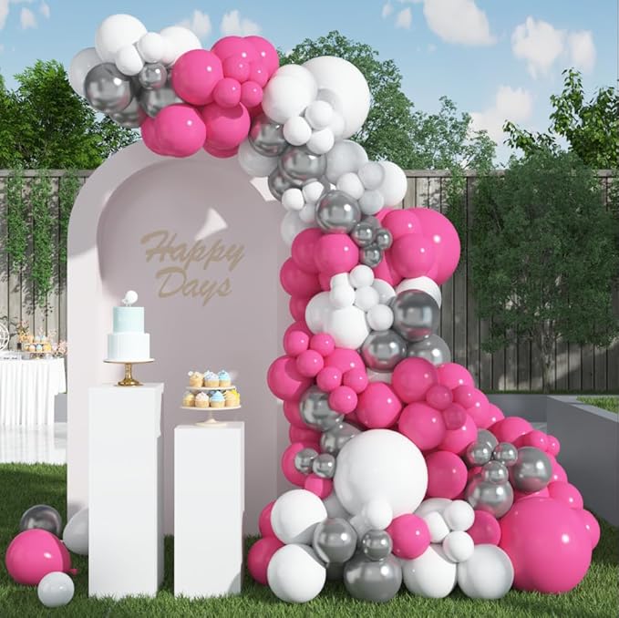 HOUSE OF PARTY Pink Party Decorations - Pink White Silver Balloon Arch Kit 18/12/10/5 Inch | Backdrop for Valentines, Bachelorette, Gilrs, Women Birthday Party Decorations