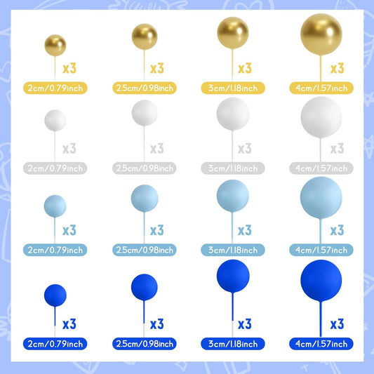 48 Pcs Balls Cake Topper Decorations Balloon Cupcake Toppers Foam Cake Topper Balls Cake Balls Decorations for Birthday Party Wedding Cake Decorating (Royal Blue, Light Blue, White, Gold)