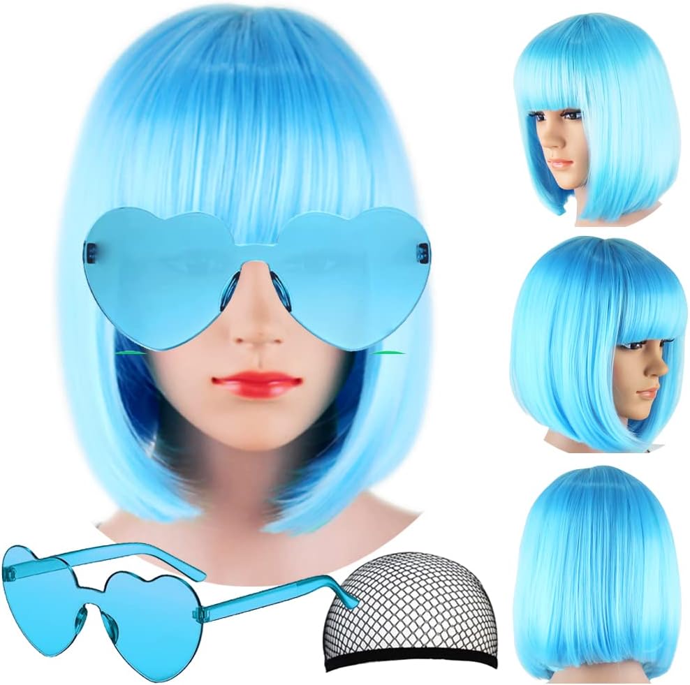Short Bob Colors Wigs with Bangs, 6Pcs Cosplay Wig with Heart Sunglasses for Halloween Bachelor Party Decorations