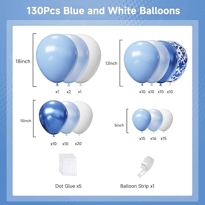 Light Blue Balloons Arch Kit,130pcs Blue and White Balloon Garland,Different Sizes 18 12 10 5 Inch Baby Blue Latex Balloons for Birthday Wedding Baby Shower Graduation Blue Themed Party Decorations