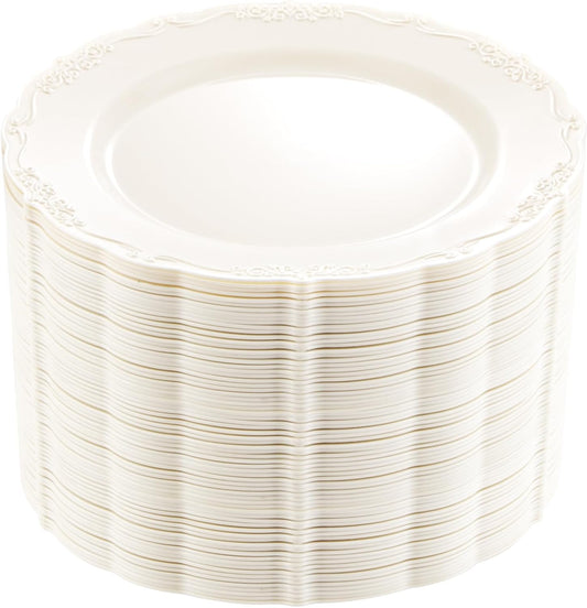 DaYammi 60PCS Ivory Plastic Plates, Thanksgiving Plates Disposable Heavy Duty Disposable Plates Premium 7.5inch Ivory Dessert Cake Salad Appetizer Platos Hard Plastic Platos Disposable for Party
