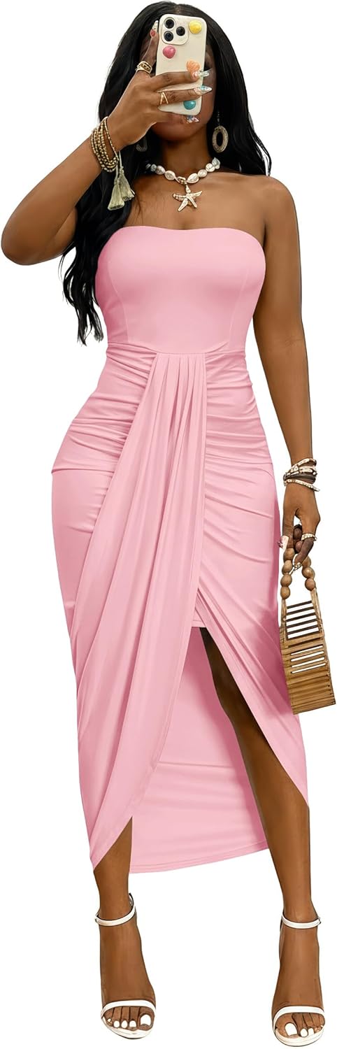 Umenlele Women's Strapless Ruched High Waist Wrap Split Asymmetrical Beach Maxi Long Dress