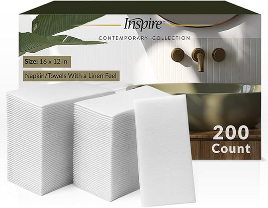 Inspire Linen Feel Disposable Napkins | Elegant Guest Hand Towels For Fine Dining, Bathroom, Washing Station, | 200 Count