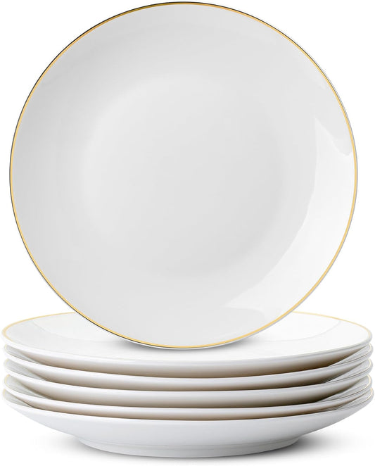 BTaT- White Dessert Plates with Gold Rim, Set of 6, 8" Round, Porcelain, Elegant Style, Dinner Plates, Christmas Gifts
