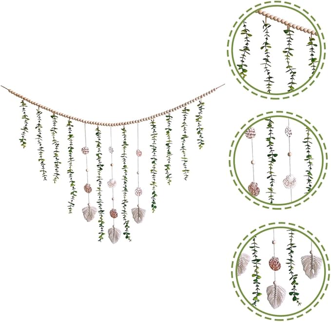 Generic Artificial Eucalyptus Wooden Bead Garland Hanging Vine Wall Decor with Pastoral Style Leaves and Sturdy Beads for Wedding Bedroom Home Decoration