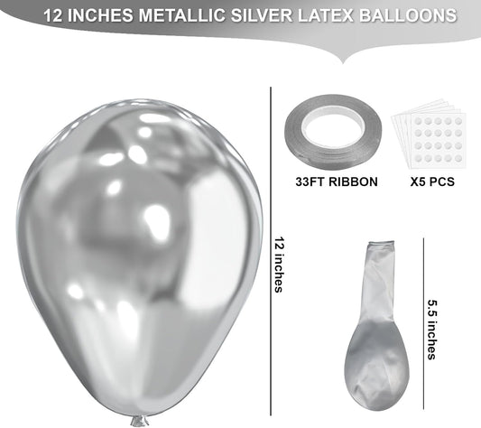 Silver Metallic Chrome Latex Balloons, 100pcs 12inches Round Helium Silver Balloons for Birthday Baby Shower Wedding Birthday Party Decorations
