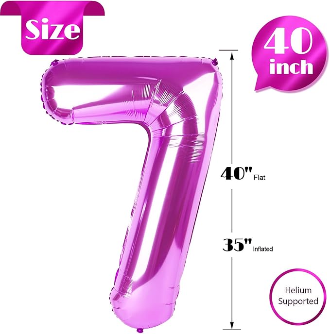 Rosy Purple 7 Balloon, Number Balloons 40 Inch, 7th Birthday Decorations for Girls Kids, Party Decoration for Women, Number 7 Balloon