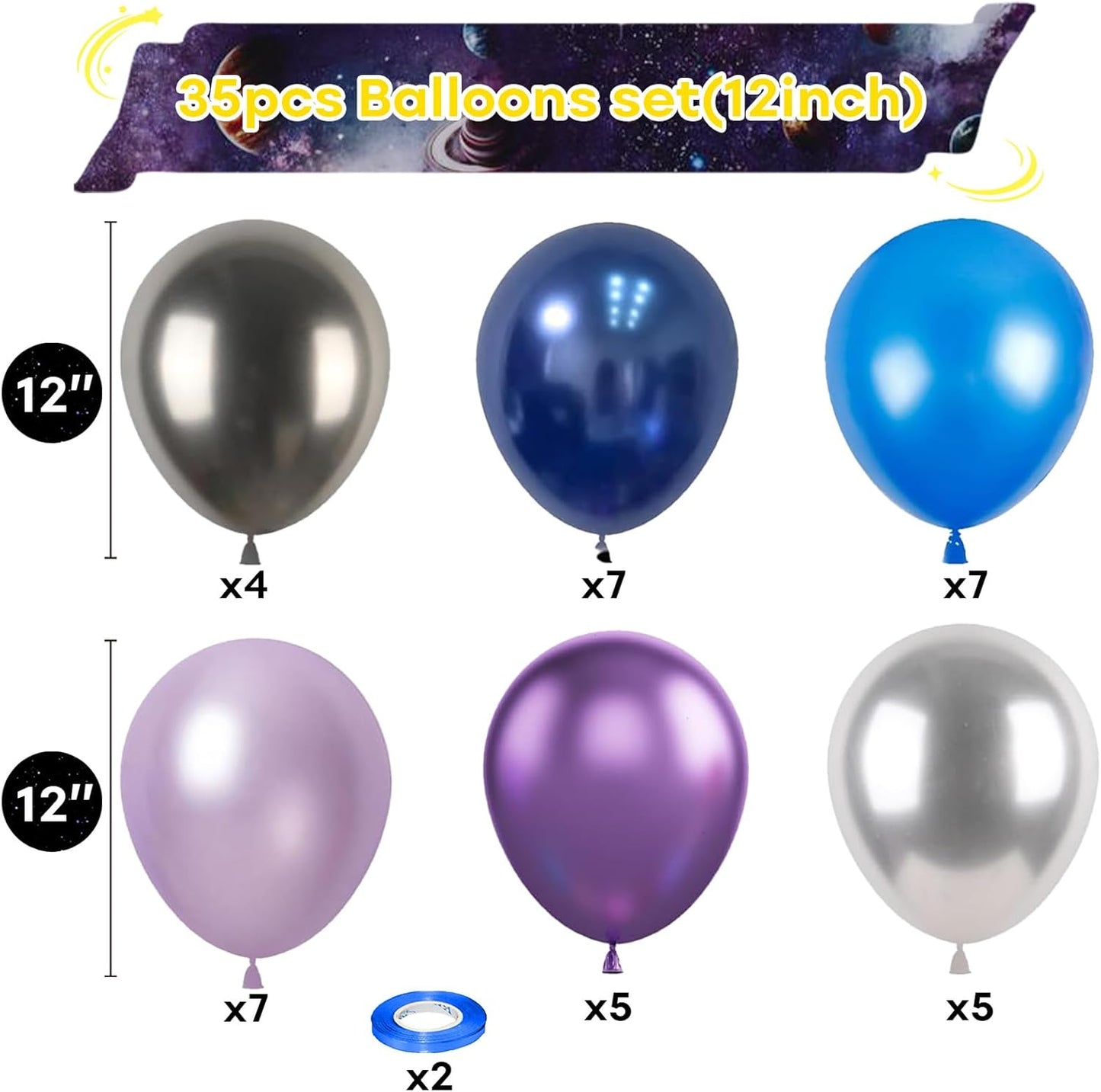 Togvu Outer Space Balloons, 12 Inches Galaxy Blue Purple Balloons with Metallic Black Silver Balloons, Outer Space Party Decorations for Kids Boys Astronaut Space Birthday Party Decoration