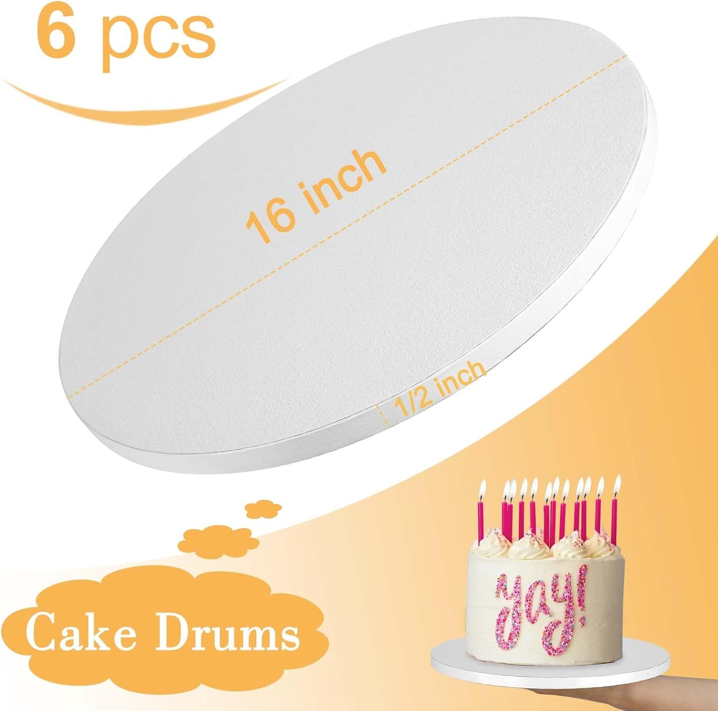 6 PCS Cake Drums 16 Inch, 16inch Drum, Cake Boards 16 Inch Round, 1/2" Thick Cardboard, Sturdy Circle, Base para Pastel Cardboard Base White Cakes Boards for Wedding