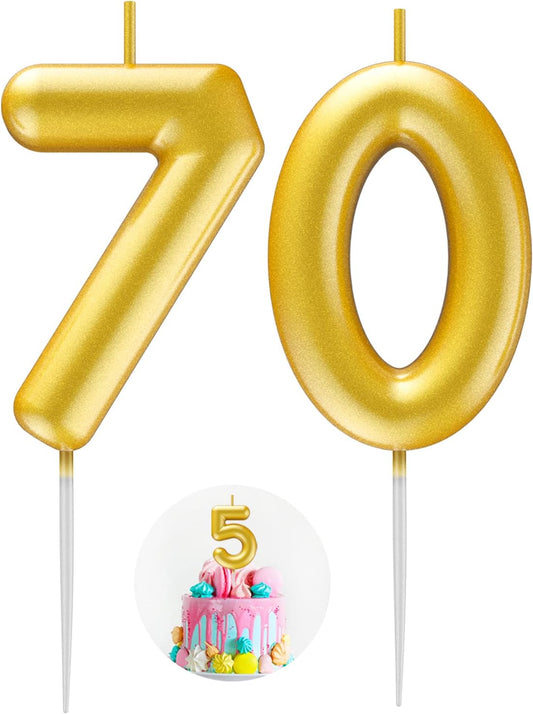 Gold Number 70 Candle Happy Birthday 3D Number Candles for Birthday Cake Party Decoration Wedding Anniversary Celebration Supplies