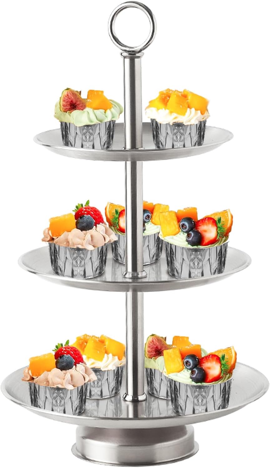3 Tier Silver Metal Cupcake Stand Holder,Stainless Steel Cup Cake Stand Tower with Tiered Serving Tray and Base for Parties,Weddings,Birthdays and Any Festivals and Celebrations(with Base)