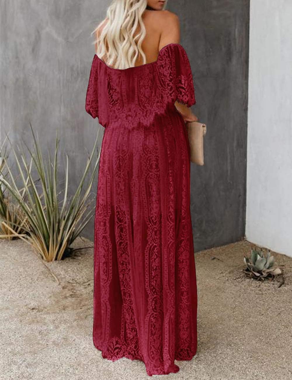 HOYISHION Women's Off The Shoulder Floral Lace Maxi Dress White Bridesmaid Wedding Party Maternity Photoshoot Long Dresses