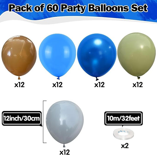 Blue Green Balloons 60 Pcs 12 Inch Sage Green Blue Brown Balloons Neutral Boho Avocado Green Pearl Dark Navy Blue Khaki Brown Grey Balloon for Boys Bear Jungle Baby Shower Birthday Party Decorations