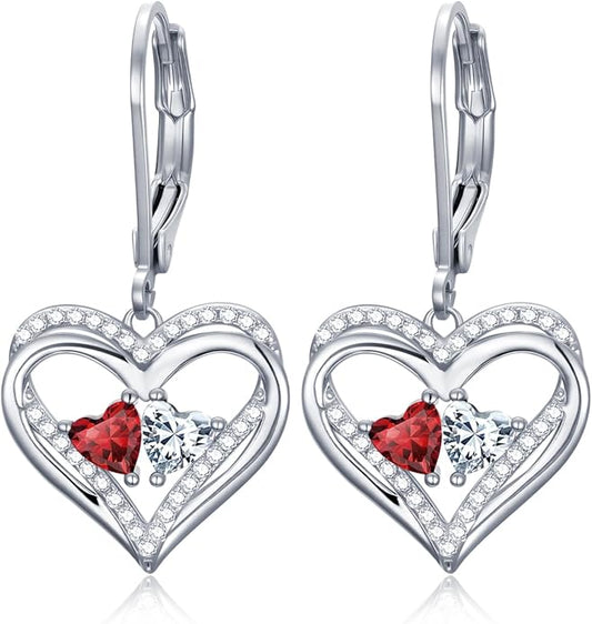 Valentines Day Gifts for Women, Heart Leverback Earrings Double Birthstone Dangle Earrings for Women, Love Jewelry for Her, Anniversary Birthday Gift for Mom Wife Girlfriend