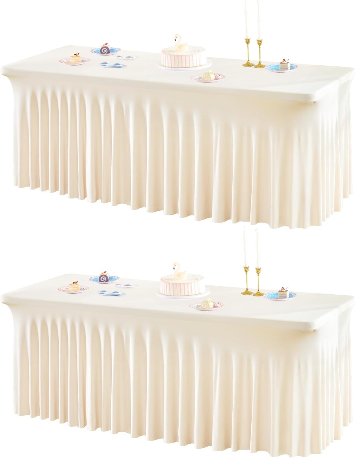 2 Packs Ivory Spandex Table Clothes for 4 Foot Rectangle Table, Spandex Table Covers 4FT Stretch Table Skirts Rectangle Tables Wrinkle Free Fitted Table Cover for Event, Wedding, Banquet & Parties