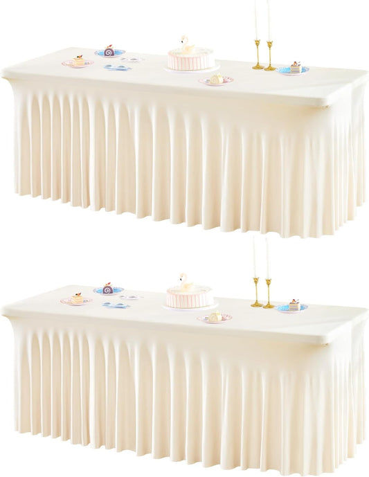 2 Packs Ivory Spandex Table Clothes for 4 Foot Rectangle Table, Spandex Table Covers 4FT Stretch Table Skirts Rectangle Tables Wrinkle Free Fitted Table Cover for Event, Wedding, Banquet & Parties