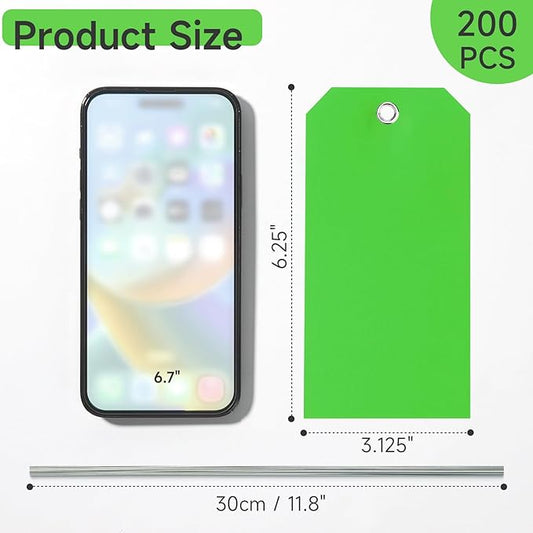 200 Pieces 6 1/4 x 3 1/8 Shipping Tags with String #8 Waterproof Green Tags for Labeling with Wire Blank with Holes Garage Sale for Moving Parts Equipment Garden Outdoor (Green)