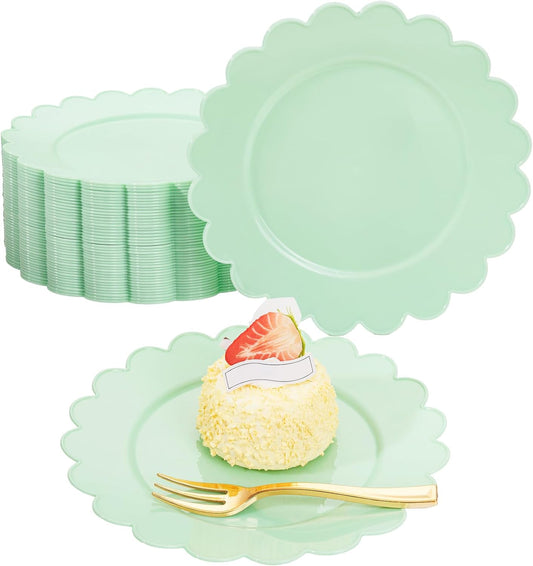 LIYH 200 Pcs Sage Green Plastic Disposable Plates and Gold Forks 7.5 Inch Scalloped Dessert Appetizer Plates, Cake Forks 5" for Wedding Holiday Party Self-Service Dining Table Decoration