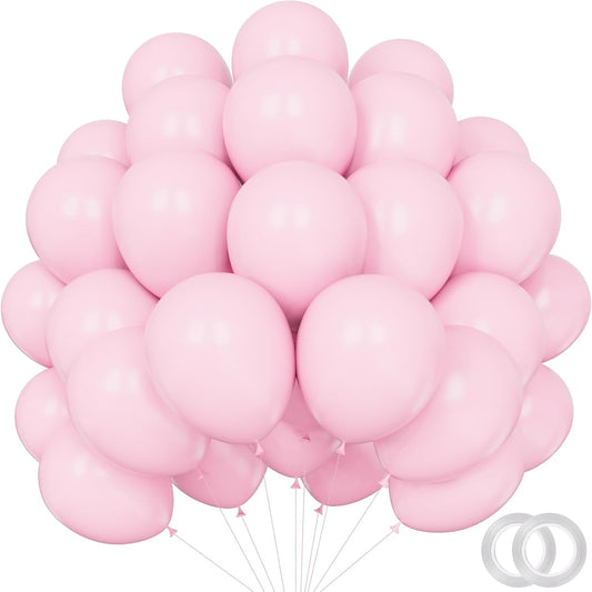 Pastel Pink Balloons - 12 inch 100pcs Latex - Round Light Pink Balloons with 2 Ribbons for Birthday Party, Wedding, Anniversary, Baby Shower Decorations