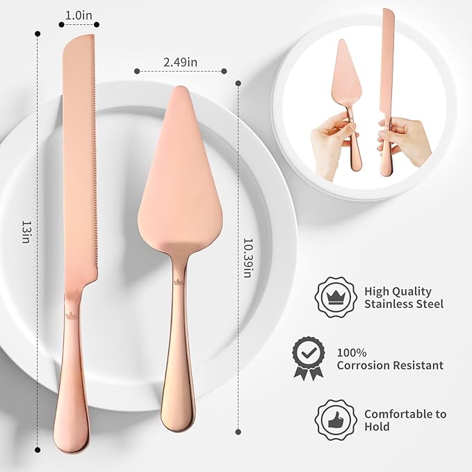 SANEXC Cake Cutting Set for Wedding - Extended Cake Knife And Server Set Thickened Stainless Steel Cake Cutter and Pie Spatula Great for Birthday Anniversary Christmas Gift Rose Gold 2 Pcs