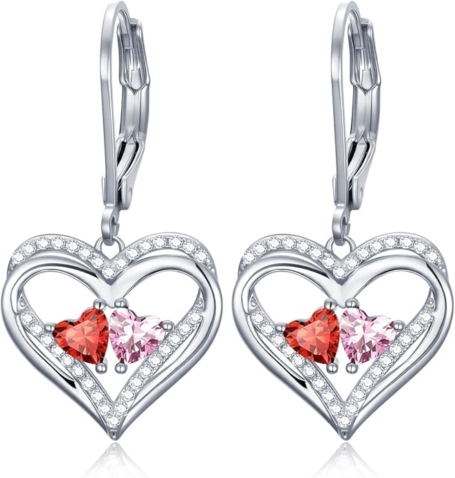 Valentines Day Gifts for Women, Heart Leverback Earrings Double Birthstone Dangle Earrings for Women, Love Jewelry for Her, Anniversary Birthday Gift for Mom Wife Girlfriend