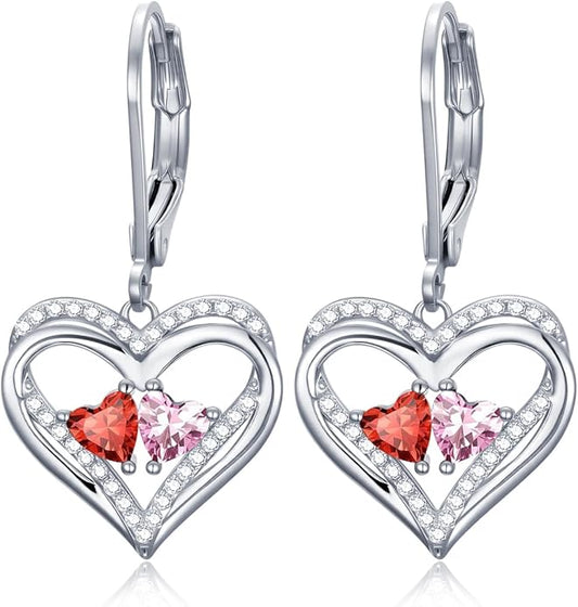 Valentines Day Gifts for Women, Heart Leverback Earrings Double Birthstone Dangle Earrings for Women, Love Jewelry for Her, Anniversary Birthday Gift for Mom Wife Girlfriend