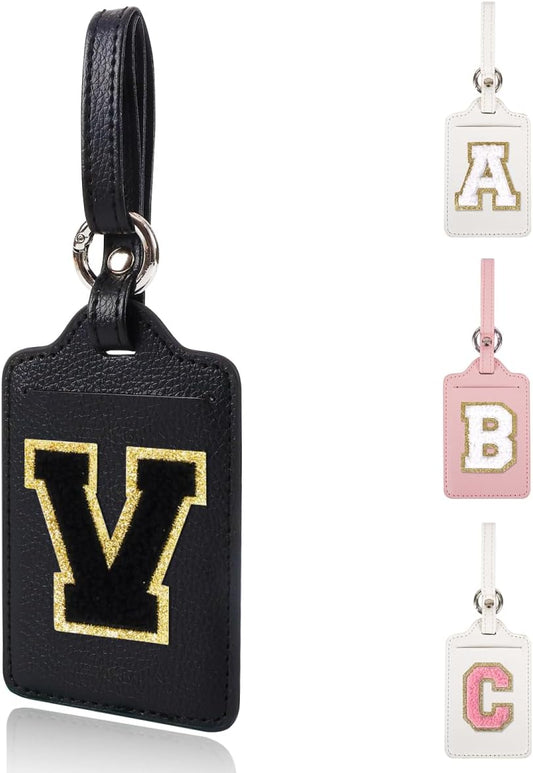 Personalized Initial Luggage Tags for Suitcases, Leather Chenille Letter Cute Luggage Tags with Privacy Name Card, Embroidered Travel Bag Backpack Tags Gifts for Women Kids Girls Teens(Black-V)