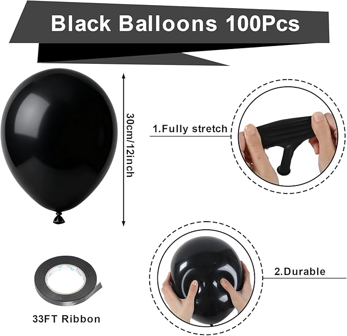 Patimate Black Balloons - 100pcs 12 Inch Latex Matte Black Balloons for Birthday Party Baby Shower Wedding Graduation Anniversary Retirement Casino Race Car Party Decorations