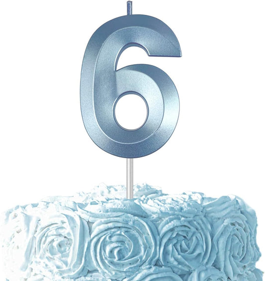 Blue Number 6 Candles, 3D Diamond 2.76 Inch Cake Topper Birthday Candles for Wedding Anniversary Cake Decorations, Happy Birthday Party Decorations