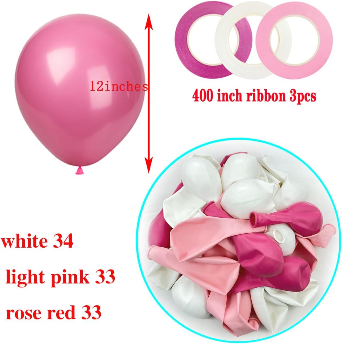 White Pink Light Rose Red Balloons,100 Pack 12 Inch Latex Balloons,for Wedding Birthday Party Baby Shower Christmas Party Decorations ﻿