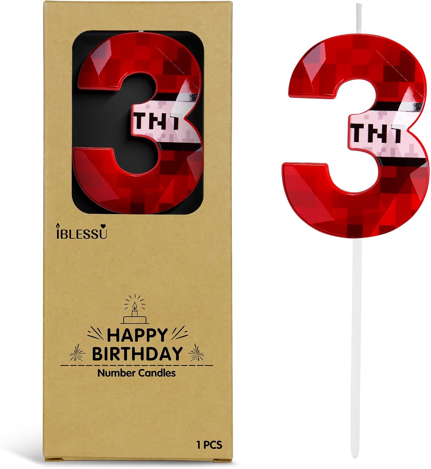 Pixel Birthday Candle, 2.68 Inch Miner Number Candles, Game Themed Candle Birthday Decoration for Pixel Theme Birthday Anniversary Dynamite Video Game Party (Red, 3)