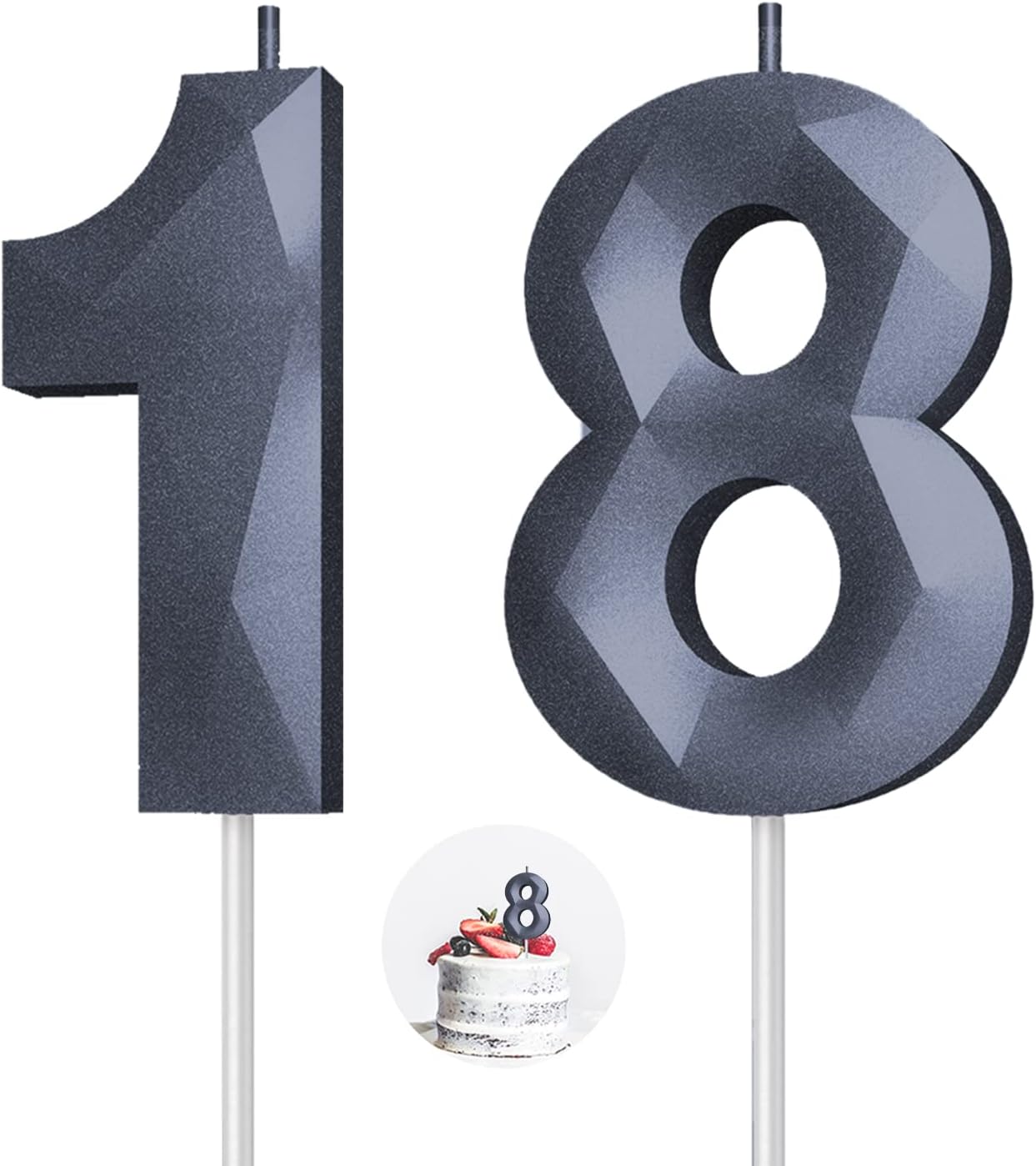 Number Birthday Candles(18 Candle Black) 3D Diamond Shape 18th Happy Birthday Cake Topper Decorations for Boy Men Birthday Wedding Anniversary Celebration Theme Party Supplies