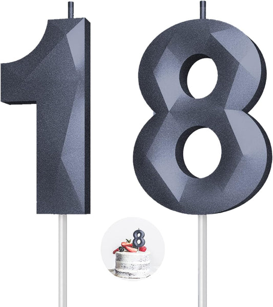 Number Birthday Candles(18 Candle Black) 3D Diamond Shape 18th Happy Birthday Cake Topper Decorations for Boy Men Birthday Wedding Anniversary Celebration Theme Party Supplies