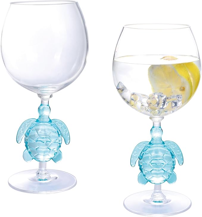 Supreme Housewares Sea Turtle Stem Wine Glasses, Blue Sea Turtle-Shaped Reusable Shatterproof Acrylic Glass for Red or White Wine, Poolside, Outdoors, Parties, 20 oz, Set of 2