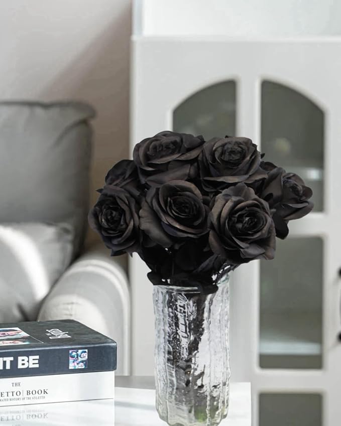 Black Roses Artificial Flowers, 12 Pcs Fake Rose in Bulk, Long Stem Realistic Silk Roses Bouquet for Centerpieces Flower Arrangement, Halloween Home Decor, Gothic Decoration (Black2, 12-PCS)