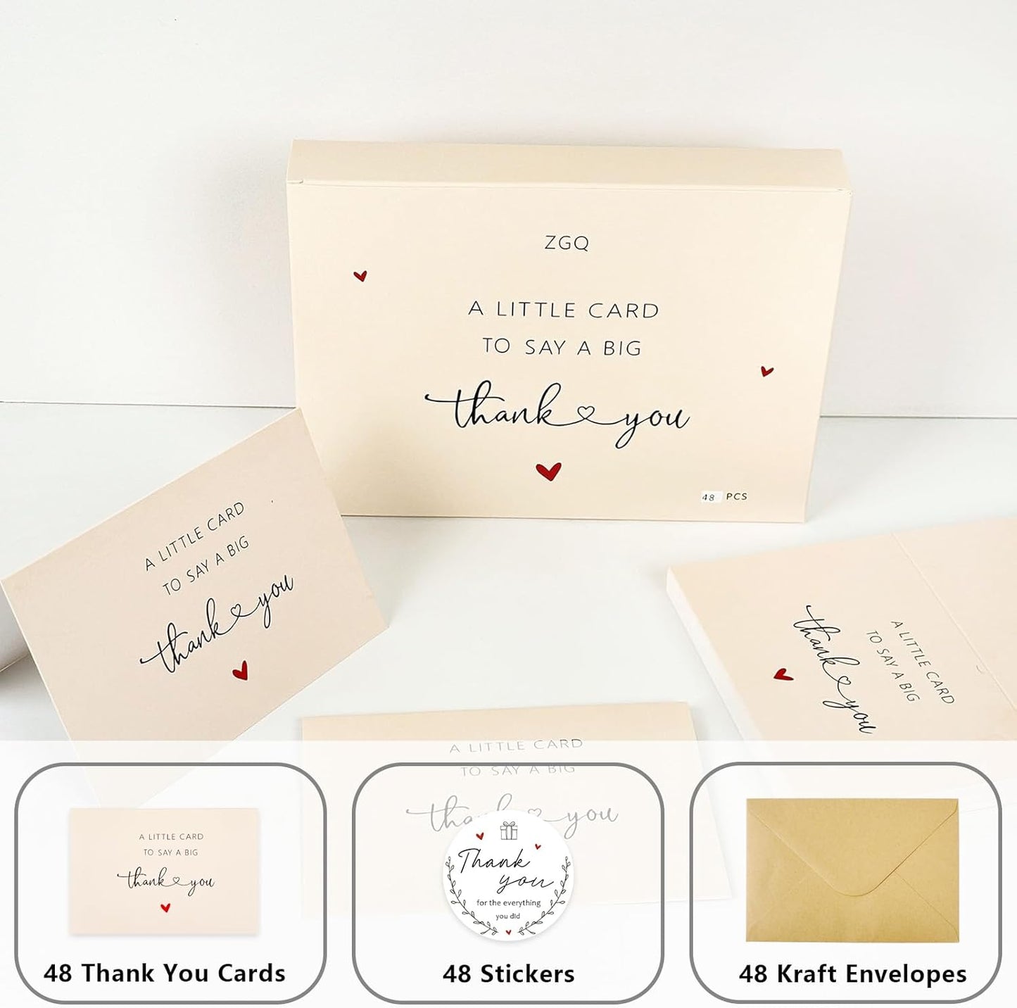 48 Pack Thank You Cards with Envelopes & Stickers, 4×6 Cute Blank Greeting Cards for Baby Shower & Wedding，Boxed Bulk Thank You Notes for Graduation Teachers Business Coworker Employee Appreciation