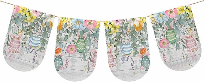 Easter Banner 4Pcs Indoor Outdoor Hanging Banner Flag Spring Eggs Eucalyptus Leaves Wooden Grain Sign for Fireplace Mantel Decorative Bunting Garland Valance for Shop Door Mantle Home Decor 7.9"x11.8"