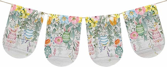 Easter Banner 4Pcs Indoor Outdoor Hanging Banner Flag Spring Eggs Eucalyptus Leaves Wooden Grain Sign for Fireplace Mantel Decorative Bunting Garland Valance for Shop Door Mantle Home Decor 7.9"x11.8"