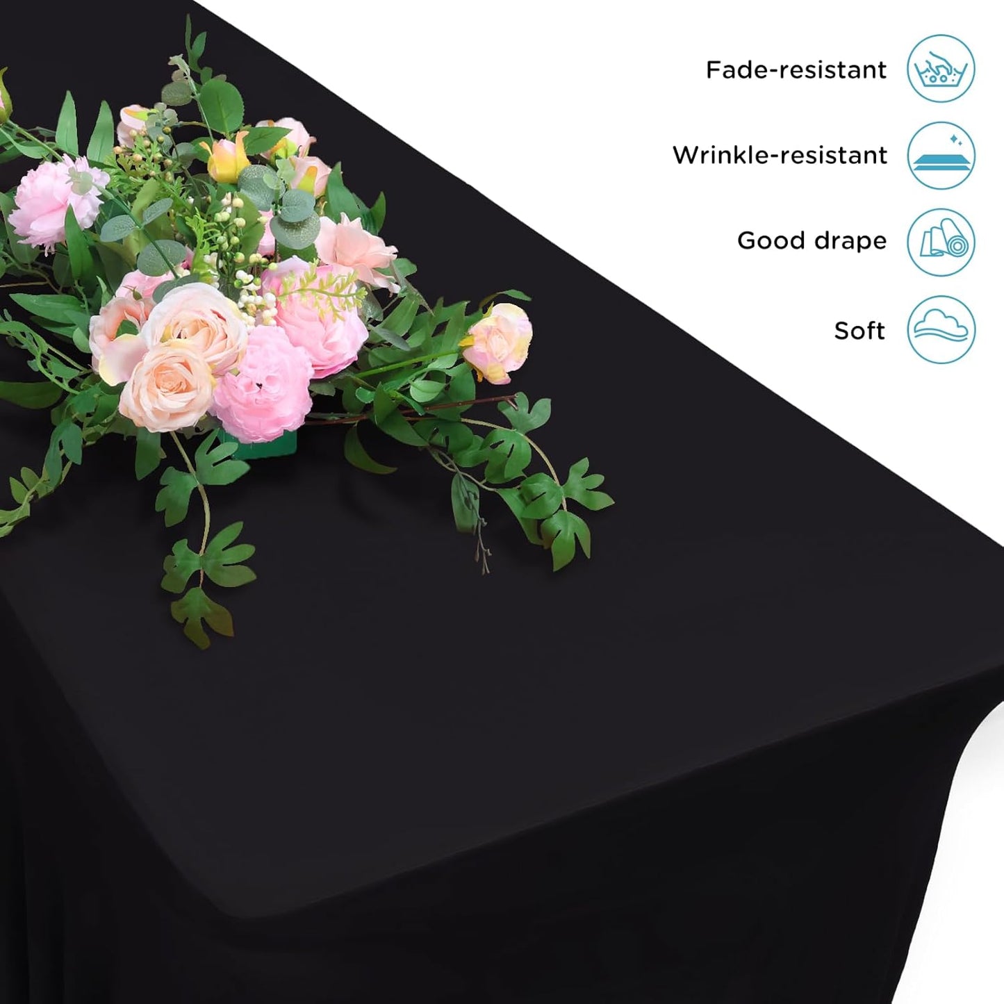 Table Skirts for 6ft Rectangle Tables - 1PCS Black Table Covers for 6 Foot Tables, Wrinkle Resistant Ruffles Elastic Table Cloths and Table Skirt for Banquets/Weddings/Parties/Birthday