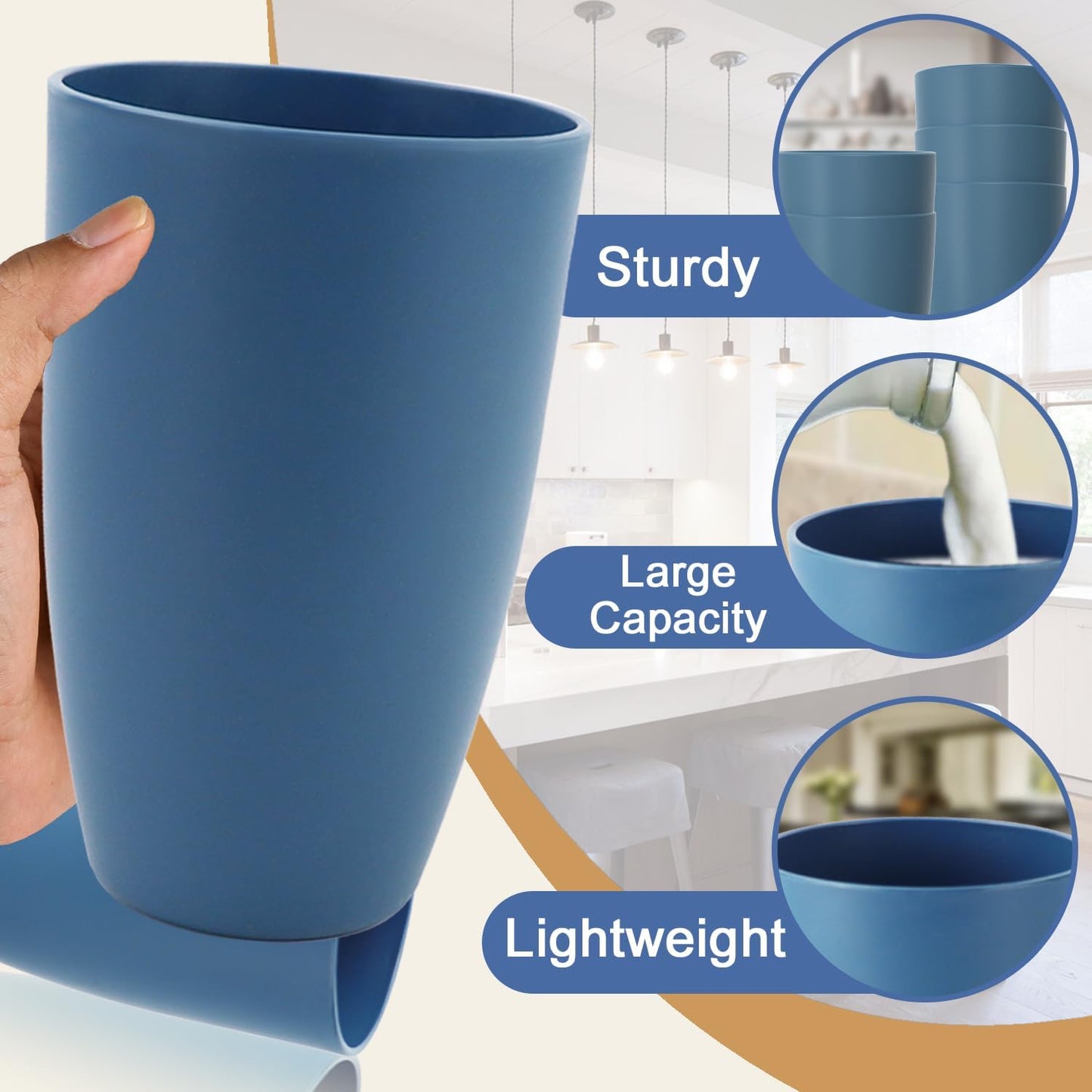 Wheat Straw Cups Large Drinking Cups Set of 6-20 OZ Large Capacity Plastic Tumblers Unbreakable Glasses Drinking Microwave and Dishwasher Safe Kitchen Water Glasses - Blue