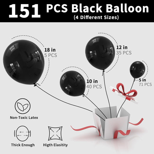 Labeol Halloween Balloons Black Balloons Different Sizes 151PCS 18/12/10/5 Inch Black Balloon Garland Arch Kit Quality Latex Balloons Decorations for Party Birthday Graduation Wedding