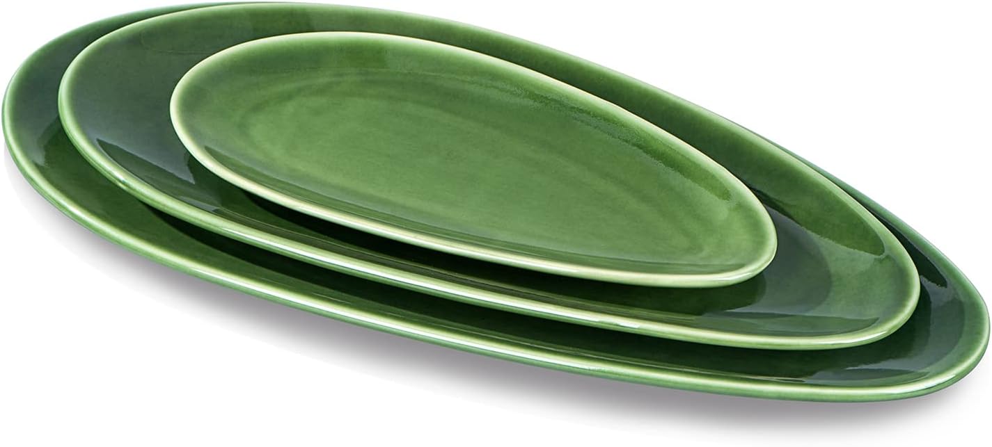 vicrays Large Oval Serving Platters, 16"/14"/10" Porcelain Serving Platters for Party, BBQ,Stackable Serving Trays Serving Plates for Appetizers, Sushi, Restaurant, Set of 3 (Green)