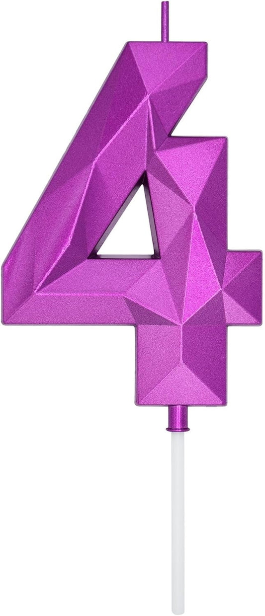 DERVENTA Large Birthday Candle Number 3D Purple 3.7 inch Party Celebration Anniversary Decoration Cake Topper 1 Piece (Number 4 Purple)